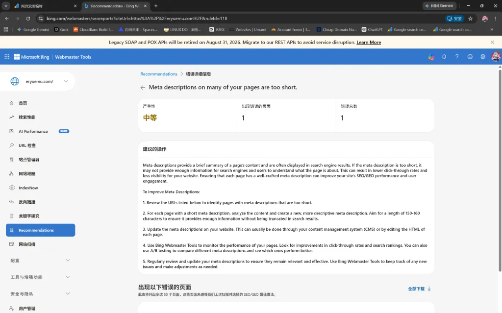 Bing 提示 Meta descriptions 过短