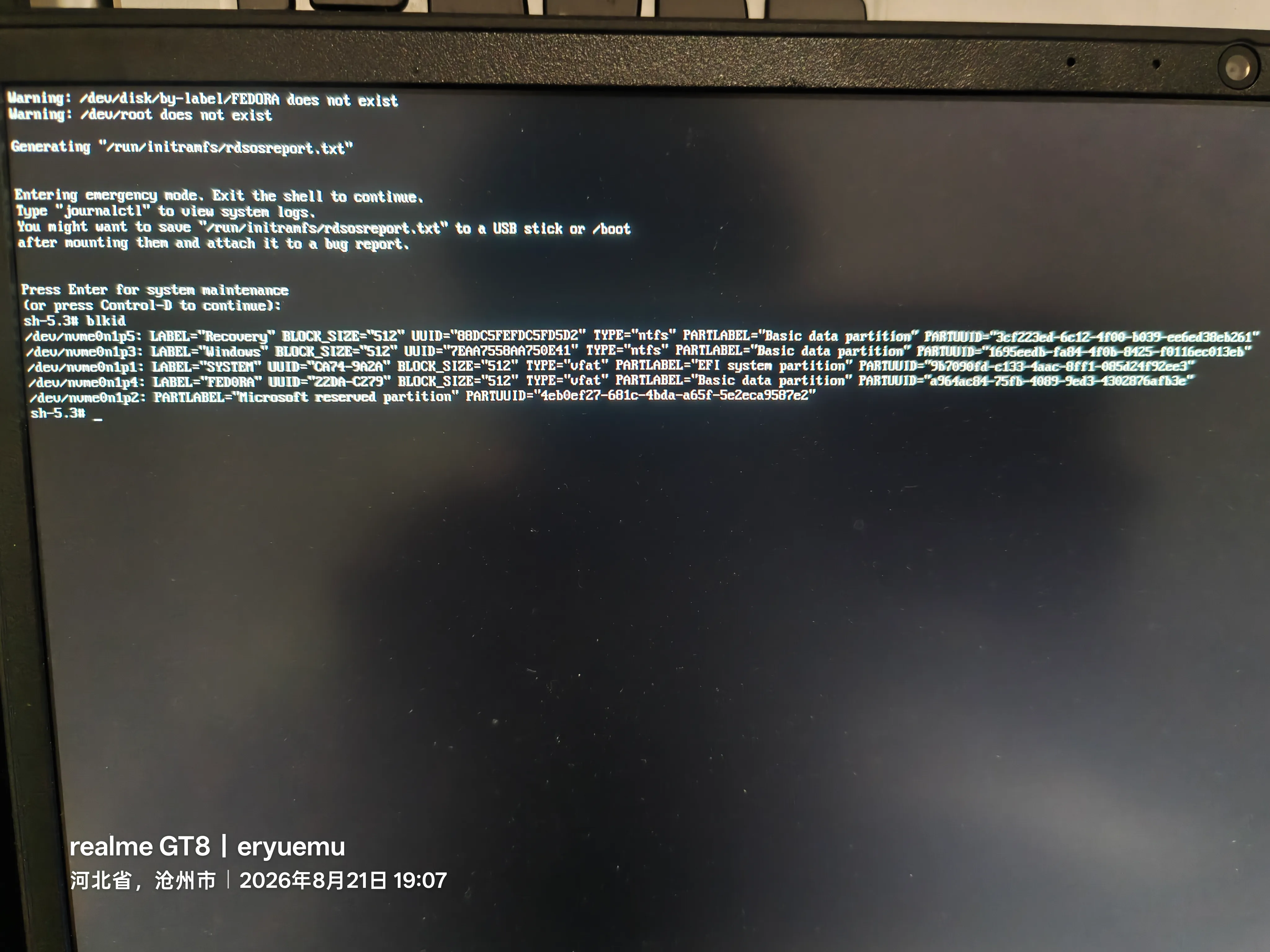 Fedora 引导失败掉入 dracut emergency shell 并执行 blkid