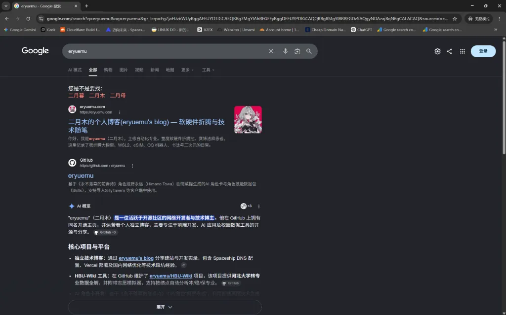Google 搜索 eryuemu 的顶级呈现效果