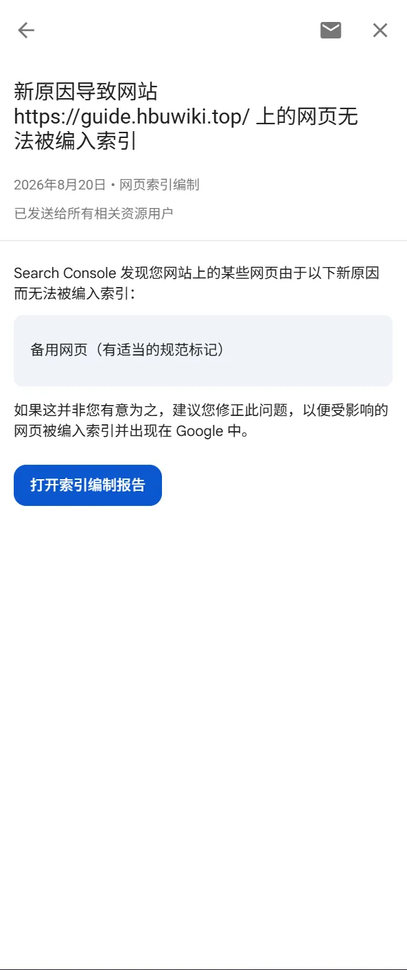 8 月 20 日知识库第 1 次收到 GSC 邮件——提示新原因「备用网页（有适当的规范标记）」